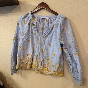 Floral Embroidered Blue and Yellow Women's Top